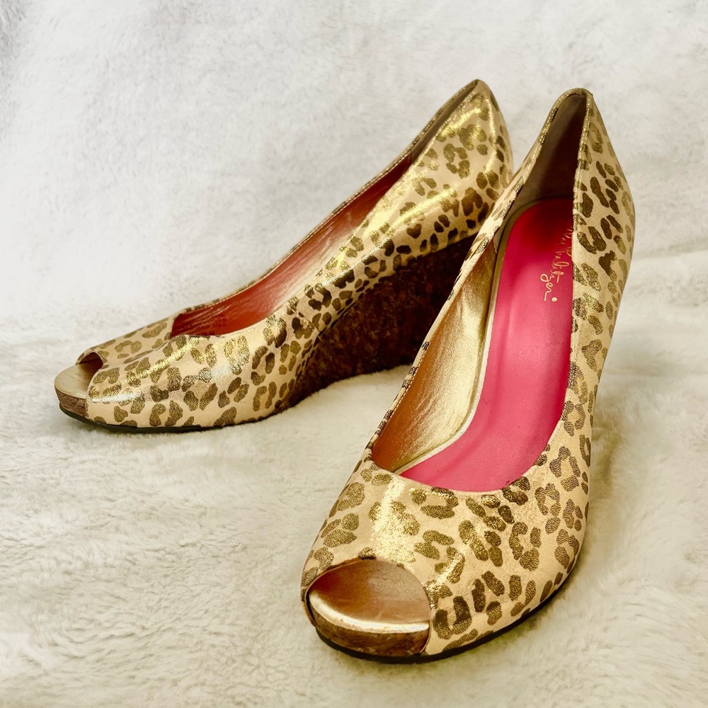 Lilly Pulitzer gold leather leopard print peep toe wedges